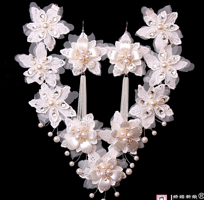Ƽ ̽    ũŻ  Ʈ м  ź  +    1 Ʈ  Ͱ/Beauty lace floral flower pearl crystal jewelry set fashion wedding bridal necklace+